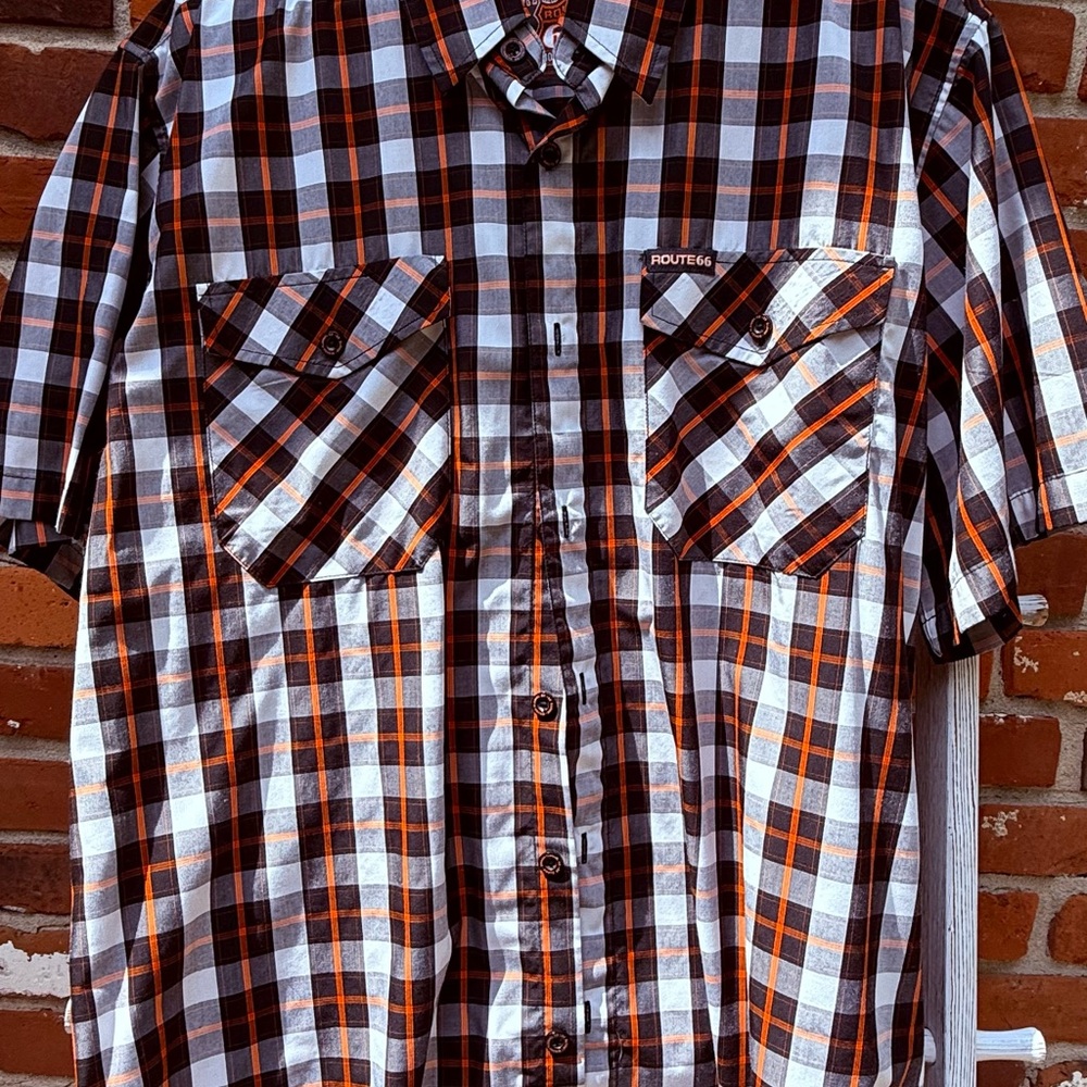 Dixxon Route 66 Men's Short Sleeve Plaid bamboo Shirt - Black, White & Orange